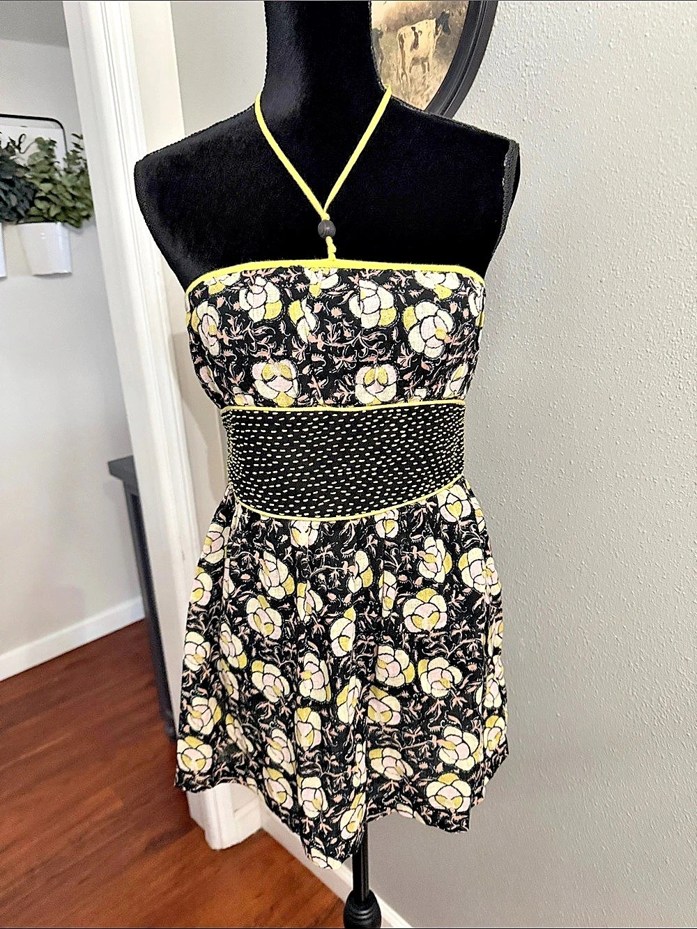 Free People Floral Mini Dress in Black & Yellow Size 6